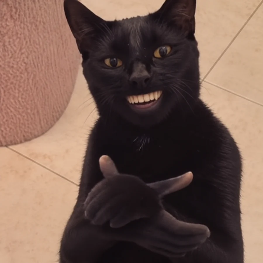 The original black Clapping Cat with golden eyes, a human smile and clapping human hands.